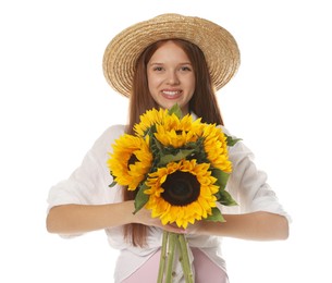 Photo of Teenage girl with bouquet of beautiful sunflowers on white background