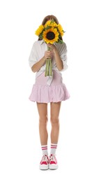 Photo of Teenage girl with bouquet of beautiful sunflowers on white background