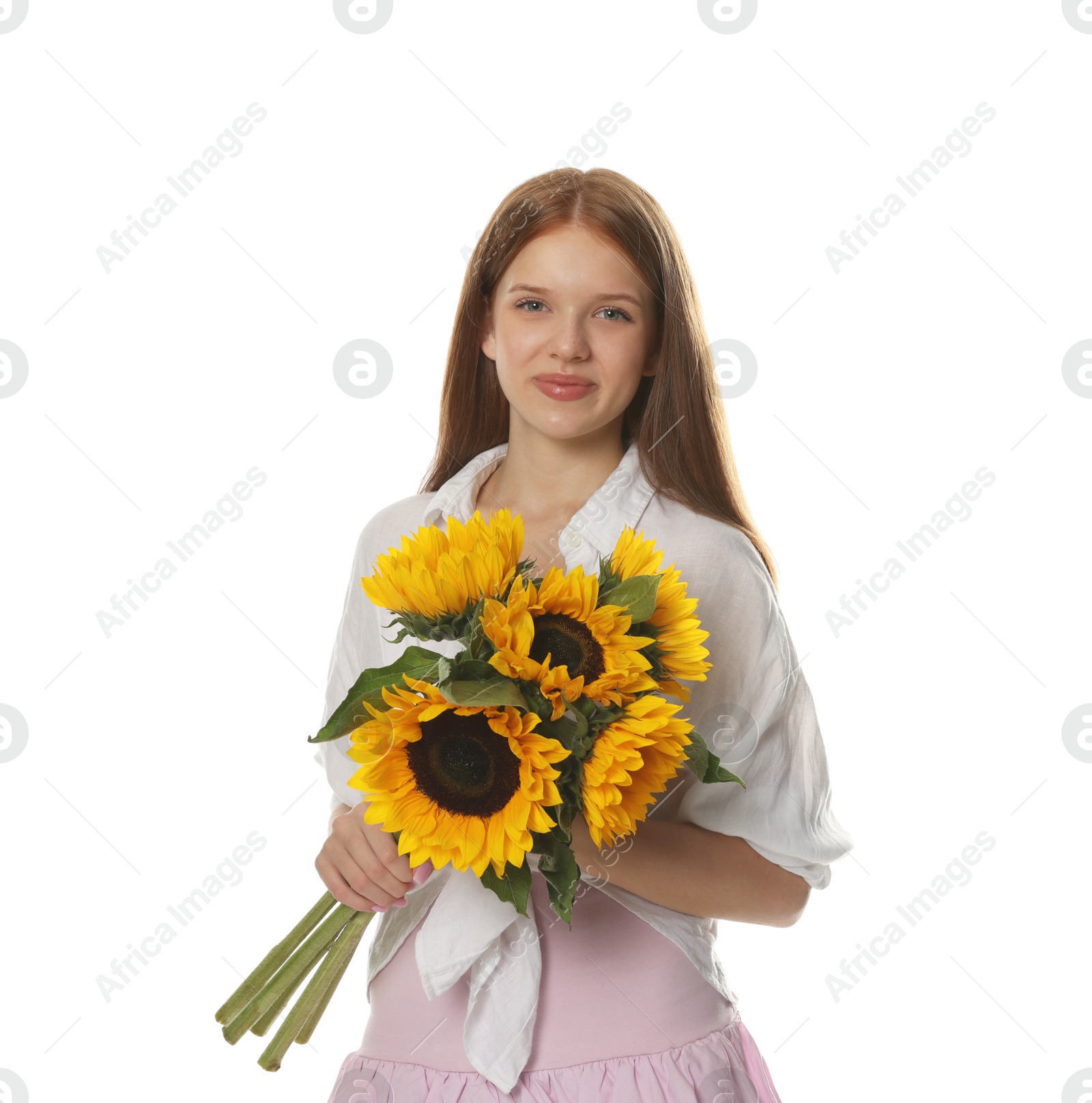 Photo of Teenage girl with bouquet of beautiful sunflowers on white background