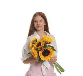 Photo of Teenage girl with bouquet of beautiful sunflowers on white background
