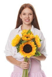 Photo of Teenage girl with bouquet of beautiful sunflowers on white background