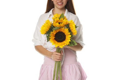 Photo of Teenage girl with bouquet of beautiful sunflowers on white background, closeup