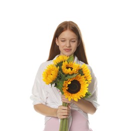 Photo of Teenage girl with bouquet of beautiful sunflowers on white background