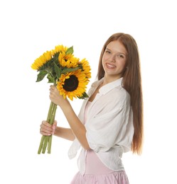 Photo of Teenage girl with bouquet of beautiful sunflowers on white background