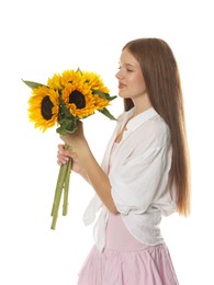 Photo of Teenage girl with bouquet of beautiful sunflowers on white background