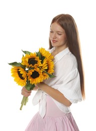 Photo of Teenage girl with bouquet of beautiful sunflowers on white background