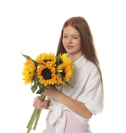 Photo of Teenage girl with bouquet of beautiful sunflowers on white background