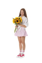 Photo of Teenage girl with bouquet of beautiful sunflowers on white background