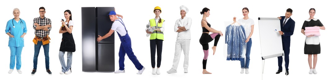 Image of Choosing profession. People of different occupations on white background, collage of portraits