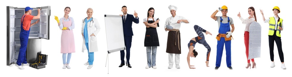 Image of Choosing profession. People of different occupations on white background, collage of portraits