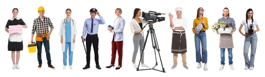 Image of Choosing profession. People of different occupations on white background, collage of portraits