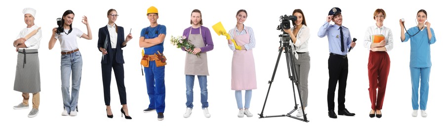 Image of Choosing profession. People of different occupations on white background, collage of portraits