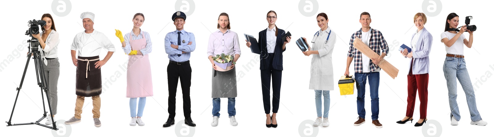 Image of Choosing profession. People of different occupations on white background, collage of portraits