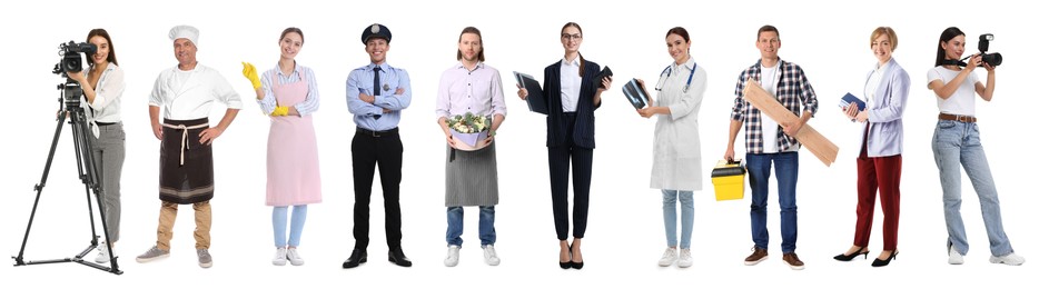 Image of Choosing profession. People of different occupations on white background, collage of portraits