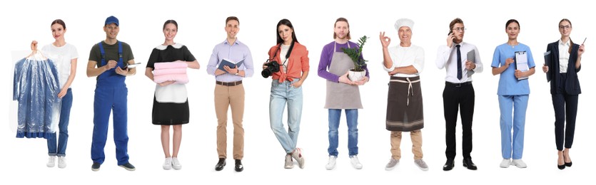 Image of Choosing profession. People of different occupations on white background, collage of portraits