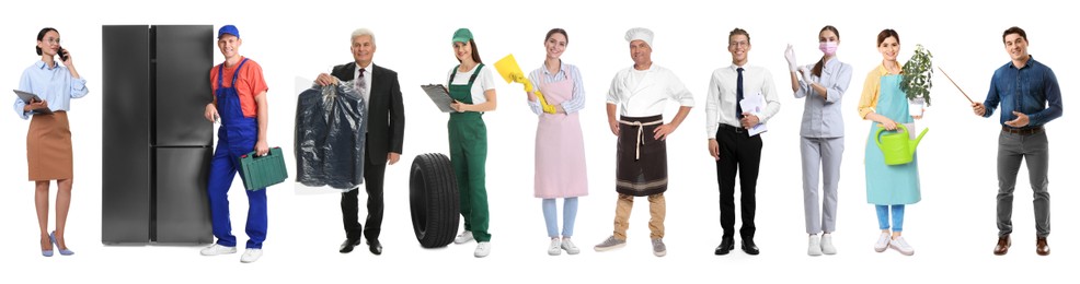 Image of Choosing profession. People of different occupations on white background, collage of portraits