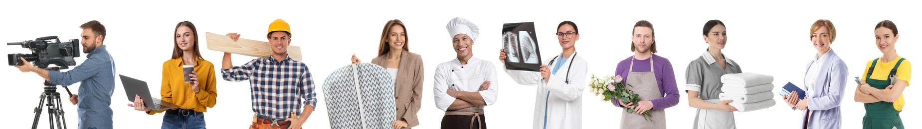 Image of Choosing profession. People of different occupations on white background, collage of portraits