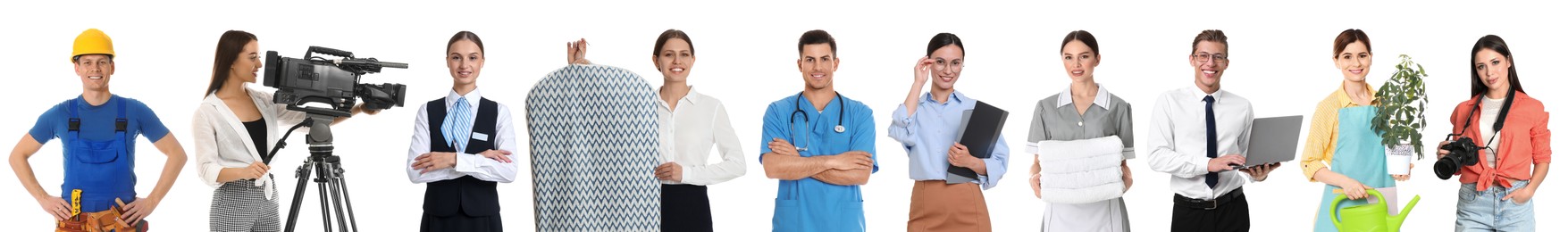 Image of Choosing profession. People of different occupations on white background, collage of portraits