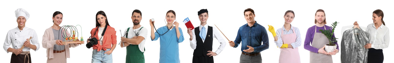 Image of Choosing profession. People of different occupations on white background, collage of portraits