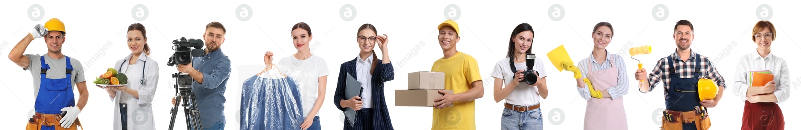 Image of Choosing profession. People of different occupations on white background, collage of portraits