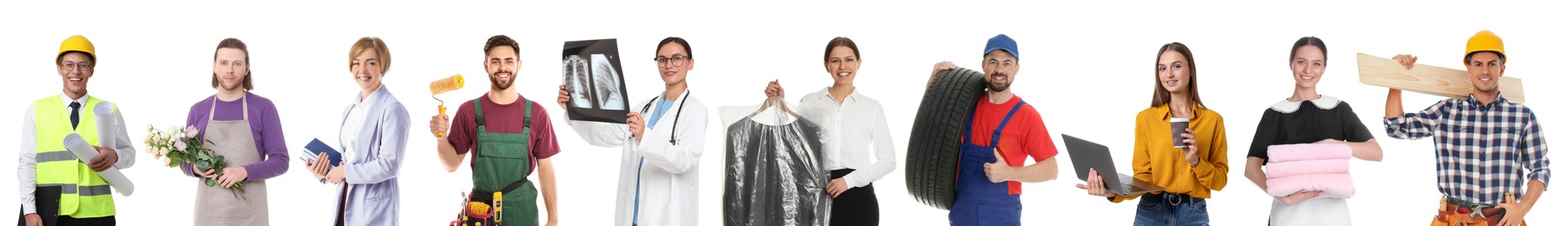 Image of Choosing profession. People of different occupations on white background, collage of portraits