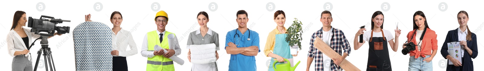 Image of Choosing profession. People of different occupations on white background, collage of portraits