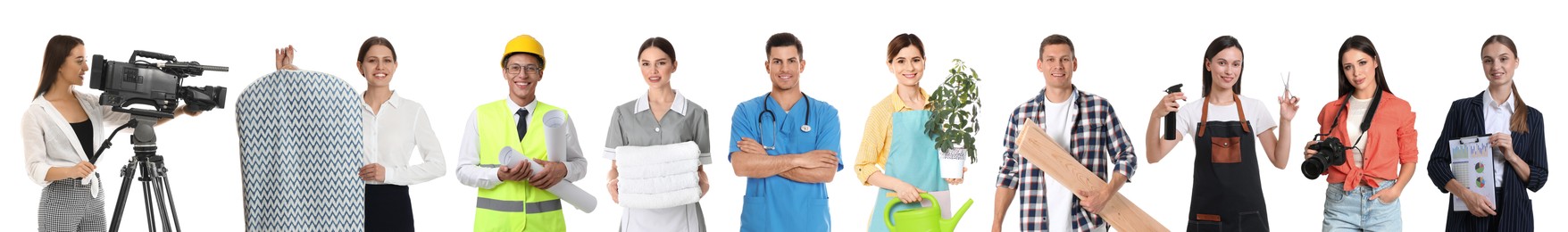 Image of Choosing profession. People of different occupations on white background, collage of portraits