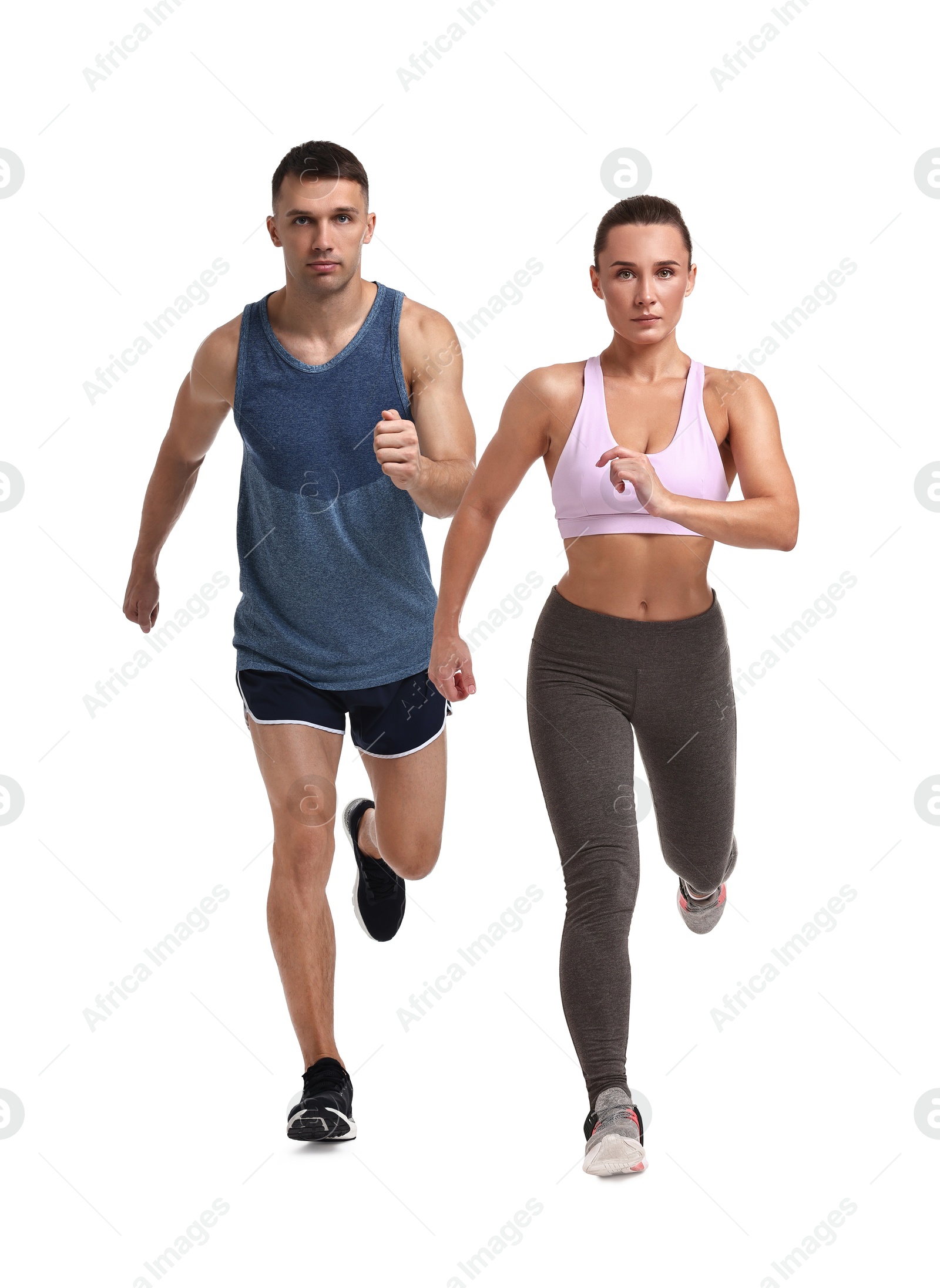 Image of Sporty man and woman running on white background