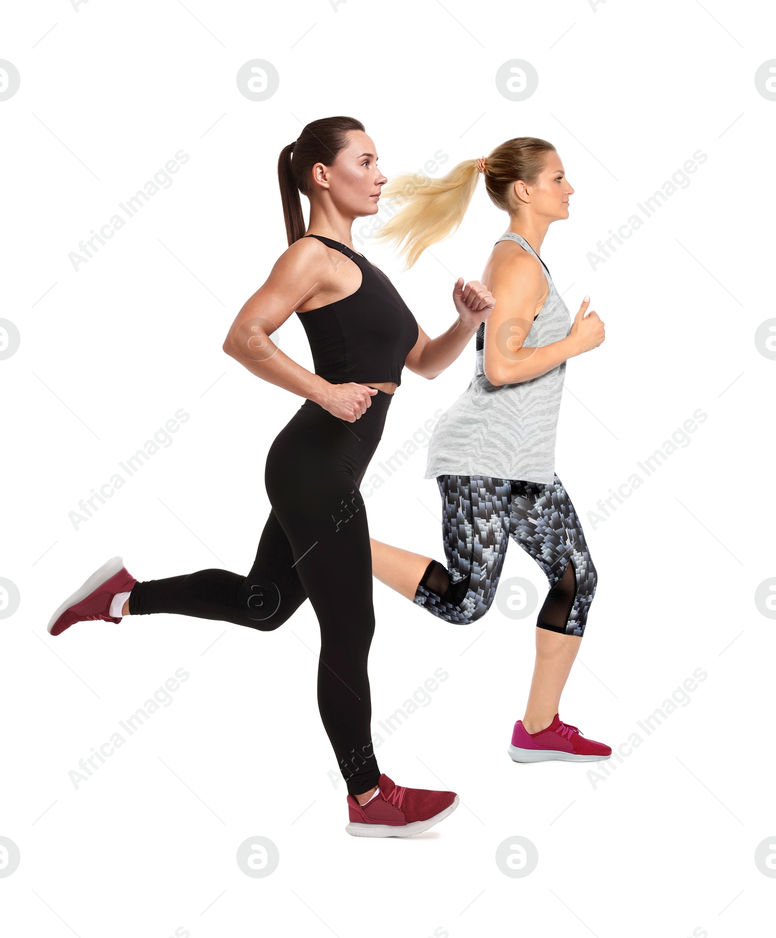 Image of Women in sportswear running on white background