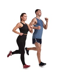 Image of Sporty man and woman running on white background