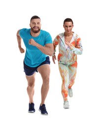 Image of Sporty man and woman running on white background