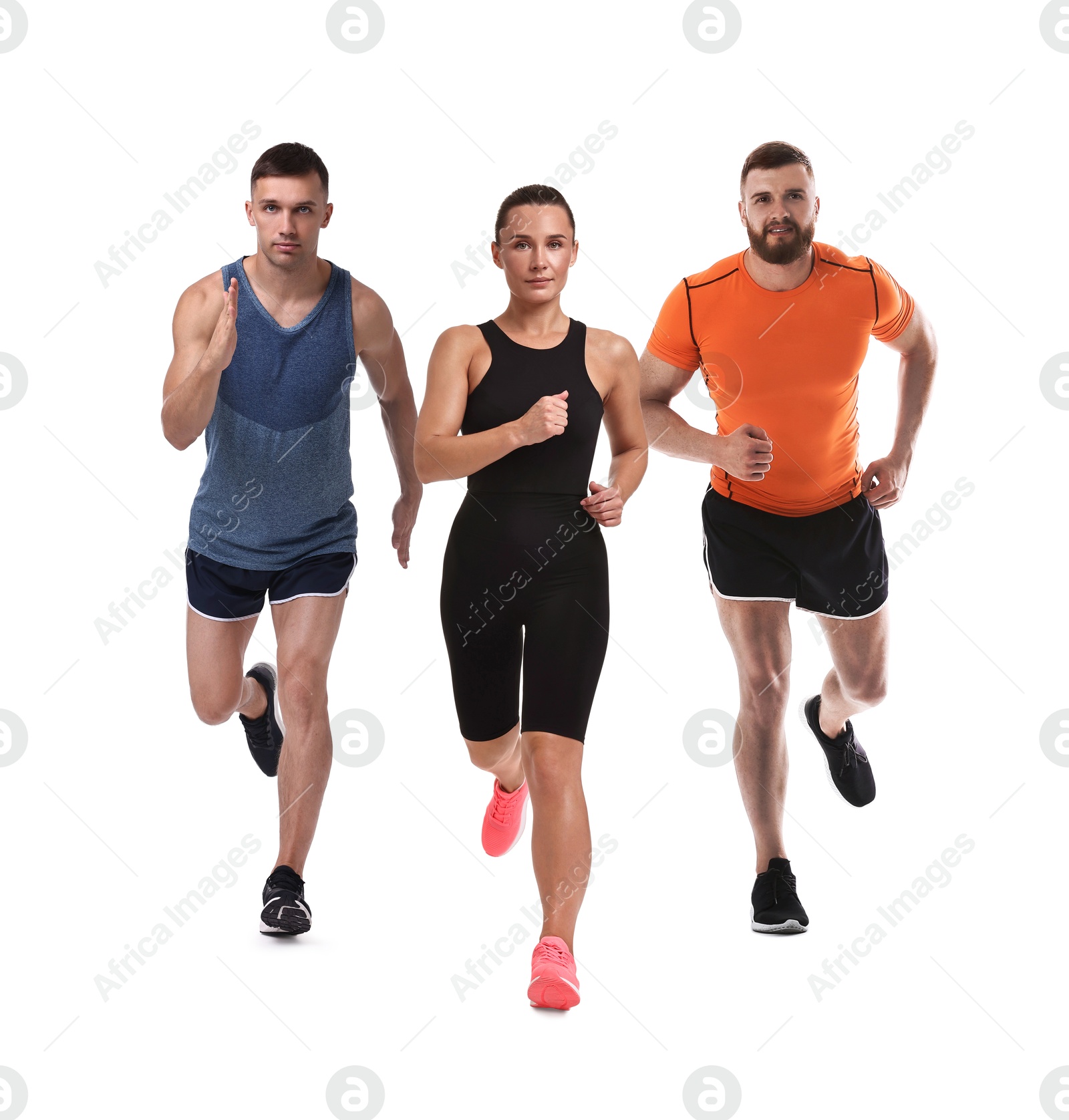 Image of Sporty men and woman running on white background