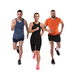 Image of Sporty men and woman running on white background