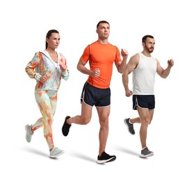 Image of Sporty men and woman running on white background