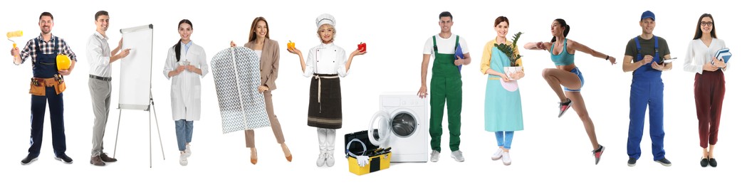 Image of Choosing profession. People of different occupations on white background, collage of portraits