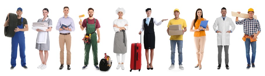 Image of Choosing profession. People of different occupations on white background, collage of portraits