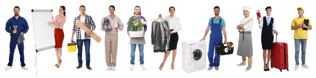 Image of Choosing profession. People of different occupations on white background, collage of portraits