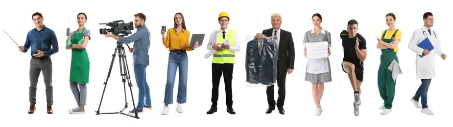 Image of Choosing profession. People of different occupations on white background, collage of portraits