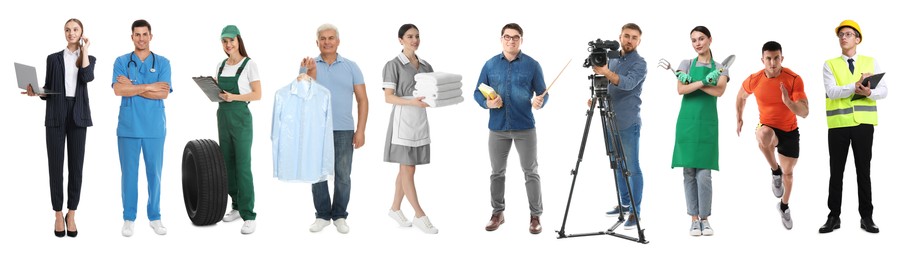 Image of Choosing profession. People of different occupations on white background, collage of portraits