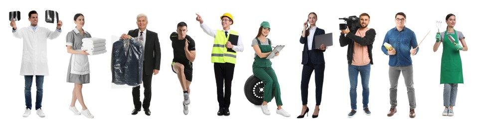 Image of Choosing profession. People of different occupations on white background, collage of portraits