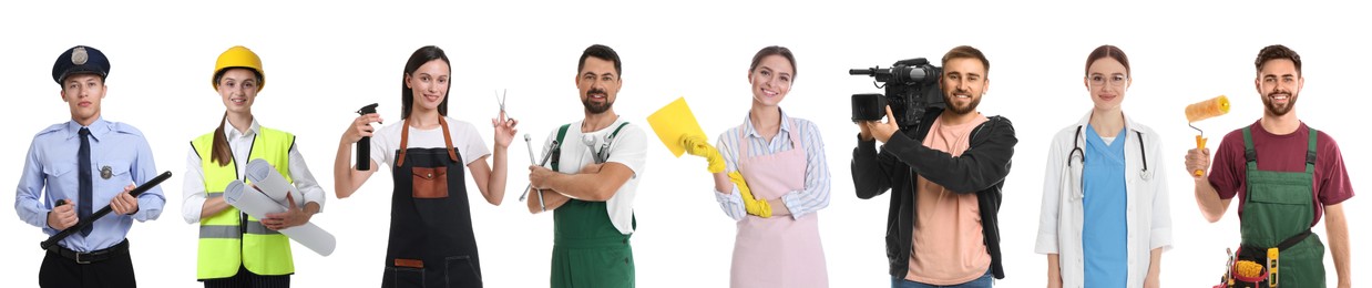 Image of Choosing profession. People of different occupations on white background, collage of portraits