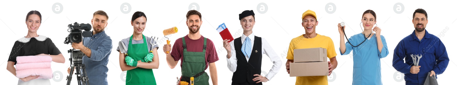 Image of Choosing profession. People of different occupations on white background, collage of portraits