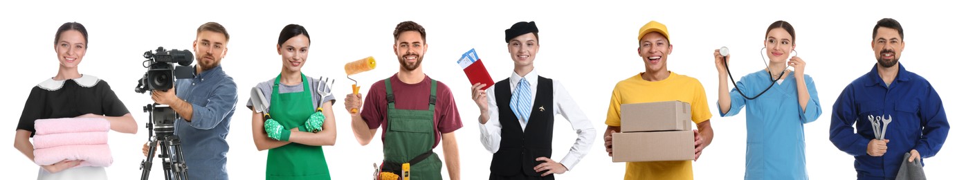 Image of Choosing profession. People of different occupations on white background, collage of portraits