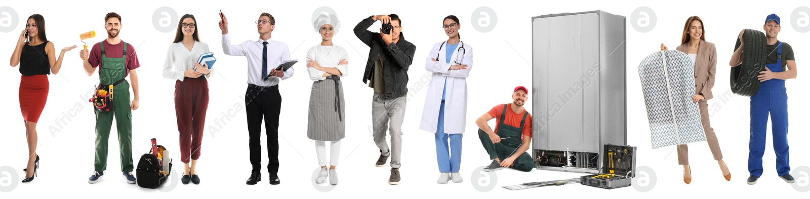Image of Choosing profession. People of different occupations on white background, collage of portraits