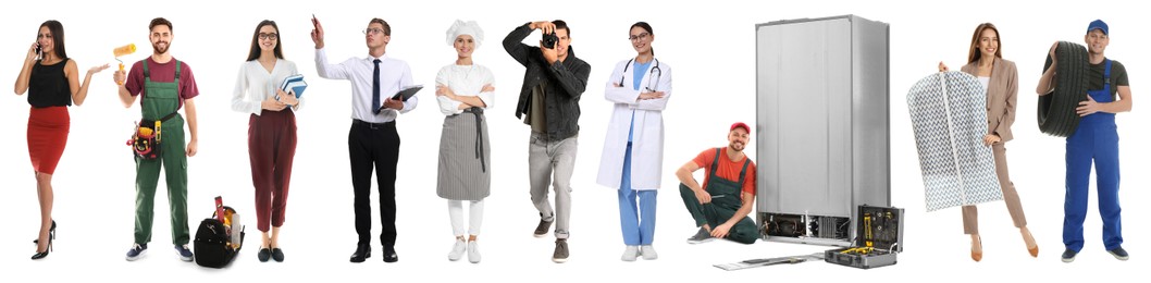 Image of Choosing profession. People of different occupations on white background, collage of portraits