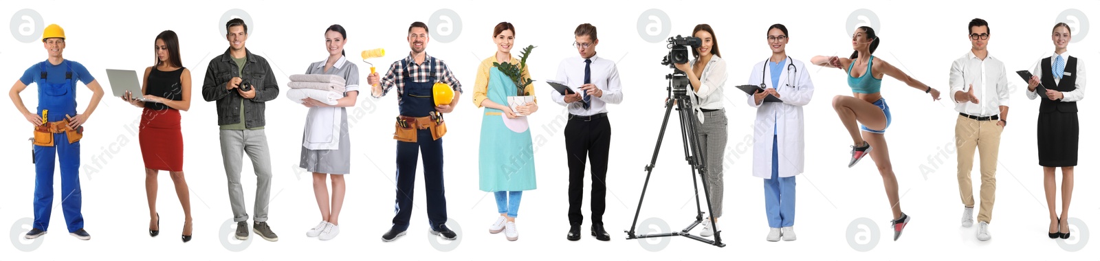 Image of Choosing profession. People of different occupations on white background, collage of portraits