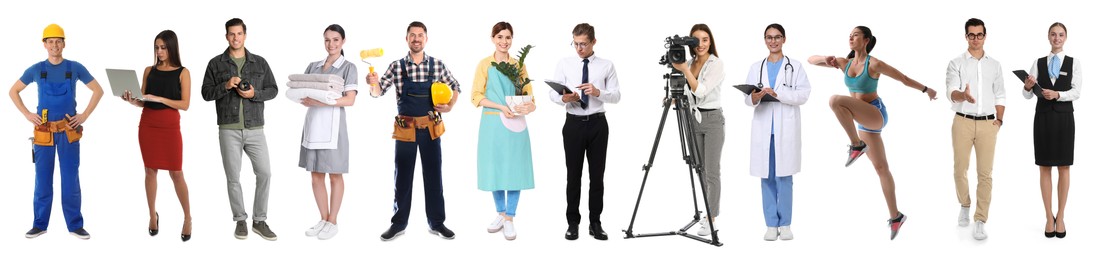 Image of Choosing profession. People of different occupations on white background, collage of portraits