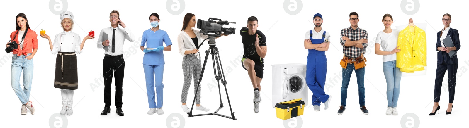 Image of Choosing profession. People of different occupations on white background, collage of portraits
