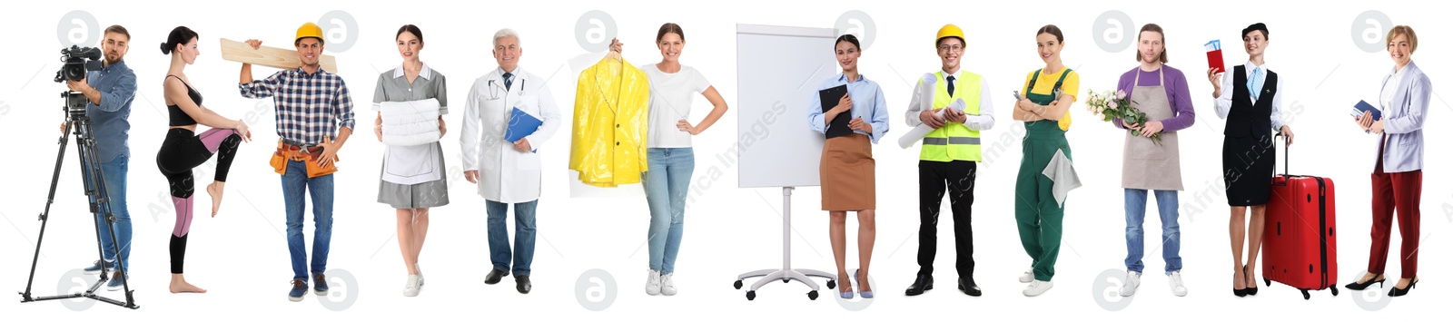 Image of Choosing profession. People of different occupations on white background, collage of portraits