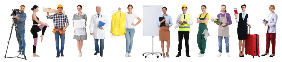 Image of Choosing profession. People of different occupations on white background, collage of portraits